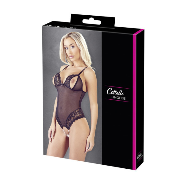 Body string en dentelle et résille noire avec perles à l'entrejambe 